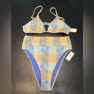 aerie Pastel Yellow Blue Checkered TriangleTop Cheeky Bottom Bikini Set size S/M